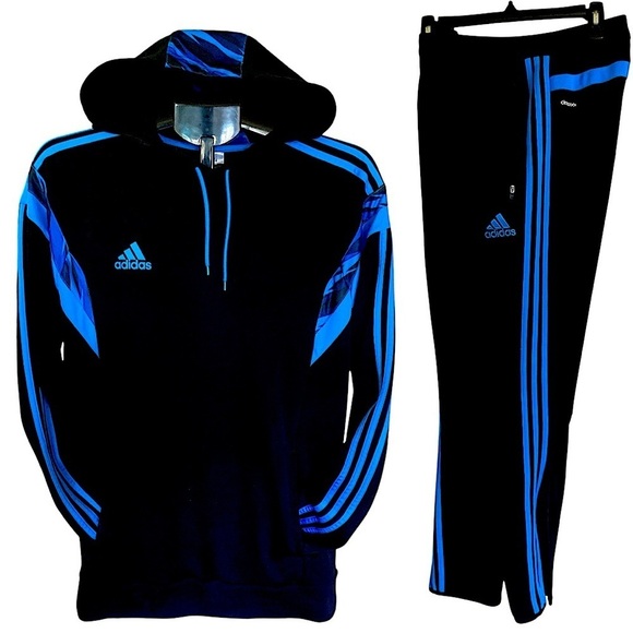 Vintage ADIDAS Hoodie Track Set (2pc) Black Royal Blue Three Stripe Size Large - Picture 2 of 11